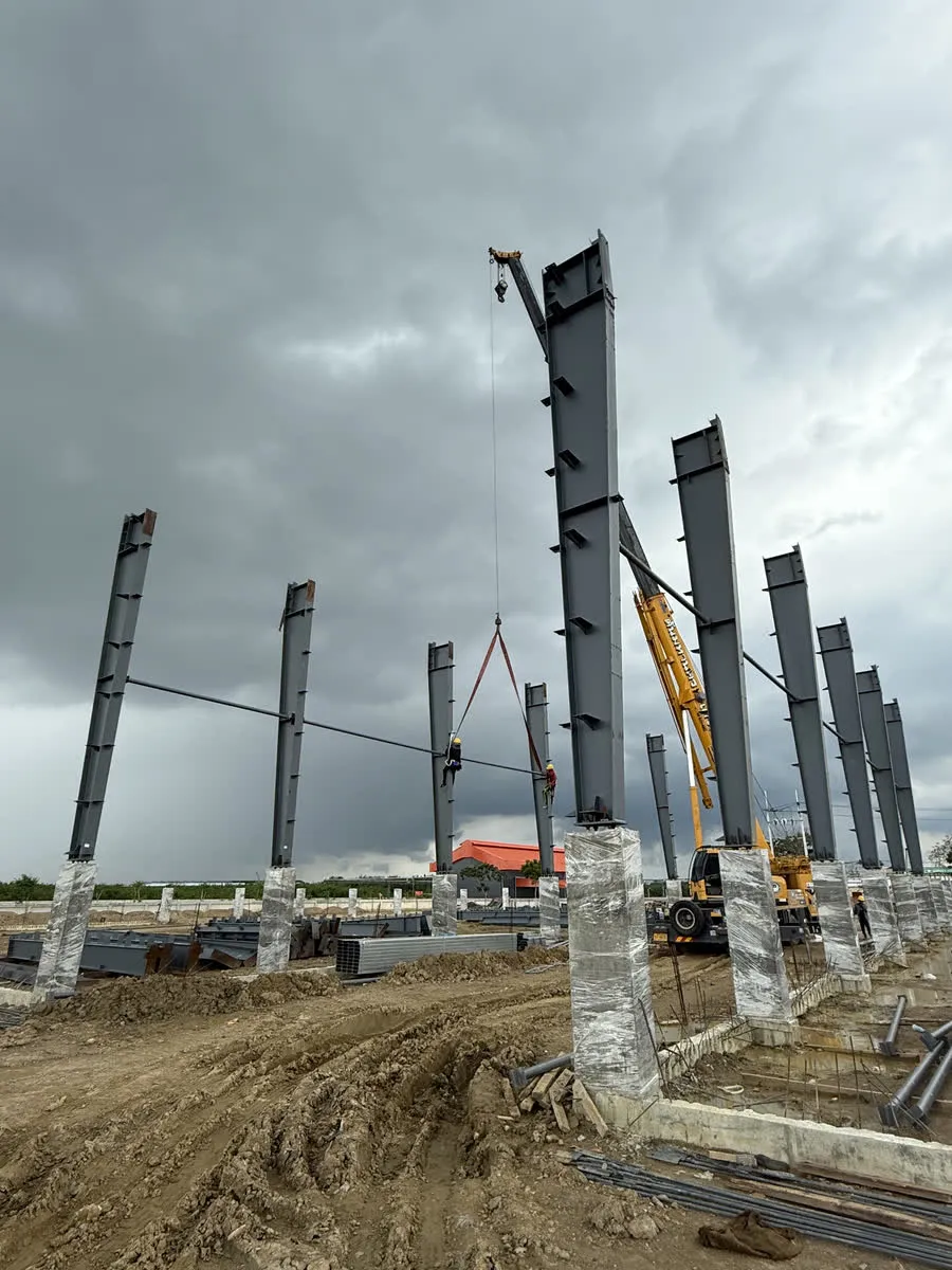 泰國北柳府廠房興建統包|柱列吊裝,雨季的天空