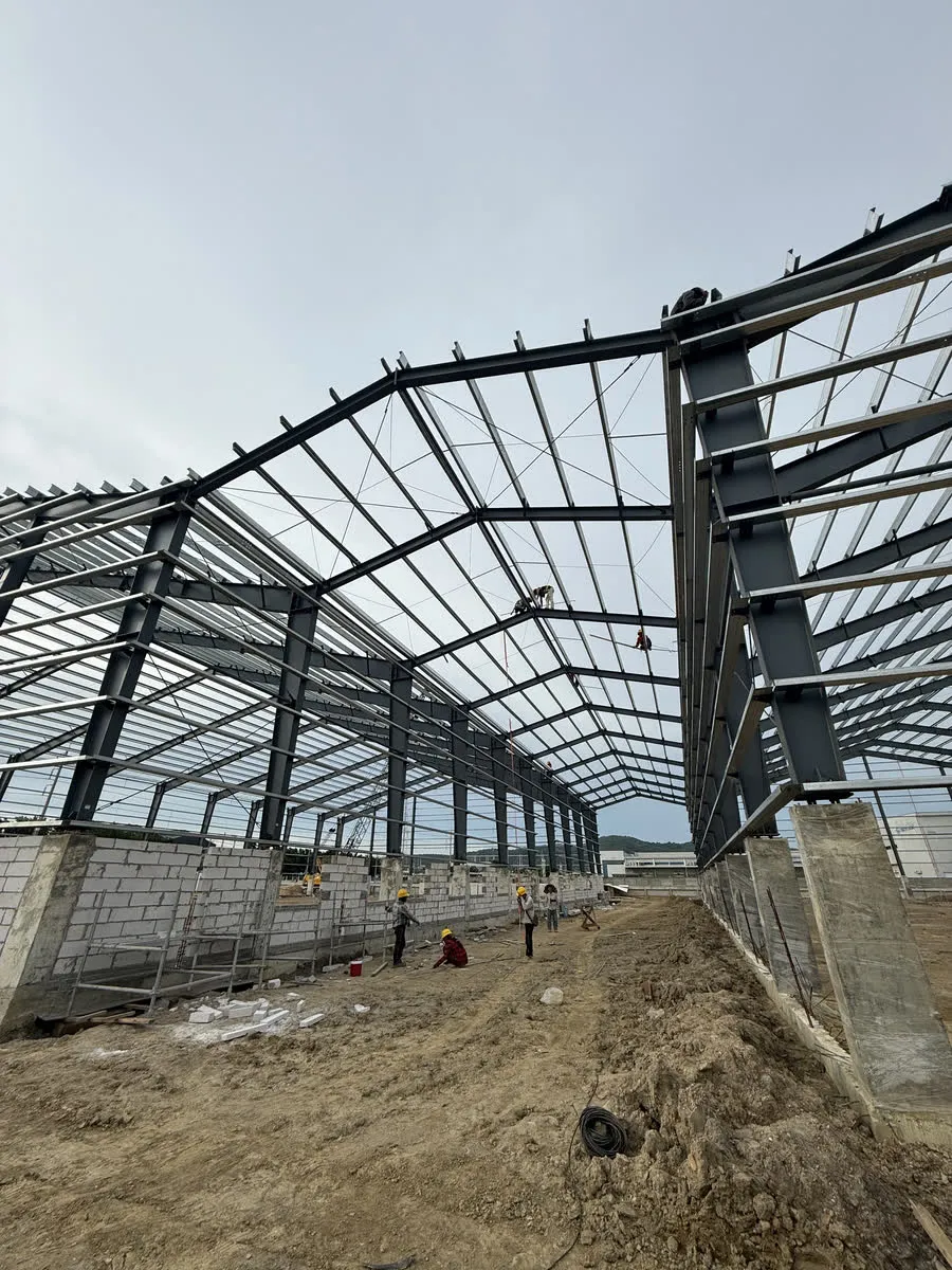 泰國北柳府廠房興建統包|屋面斜撐與磚牆同時施作